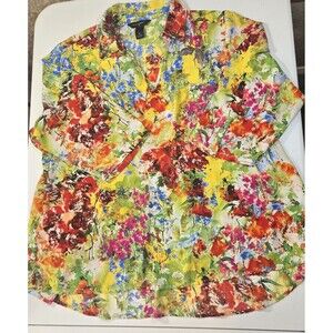 Investments Womens Plus Floral Print  V-Neck Long Sleeve Blouse 2X Tunic Light